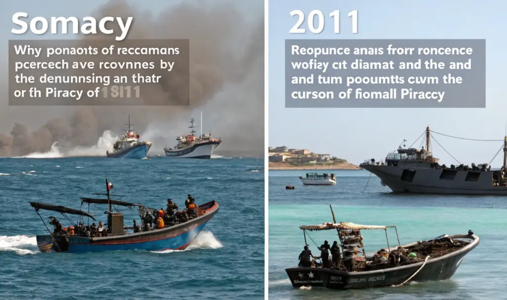 Side-by-side scenes of Somali piracy peak in 2011 with armed boats approaching ships, illustrating historical comparison in Red Sea shipping attacks news today and piracy risk patterns
