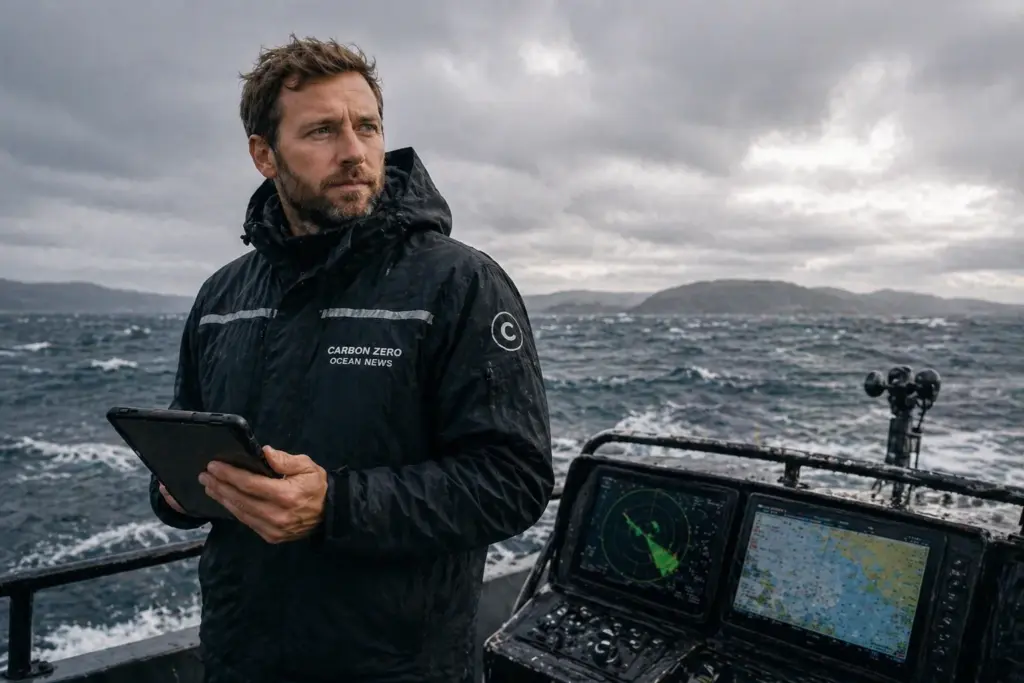 Maritime analyst monitoring ocean conditions on a vessel, holding a tablet with wave and wind data while navigating rough sea under cloudy skies
