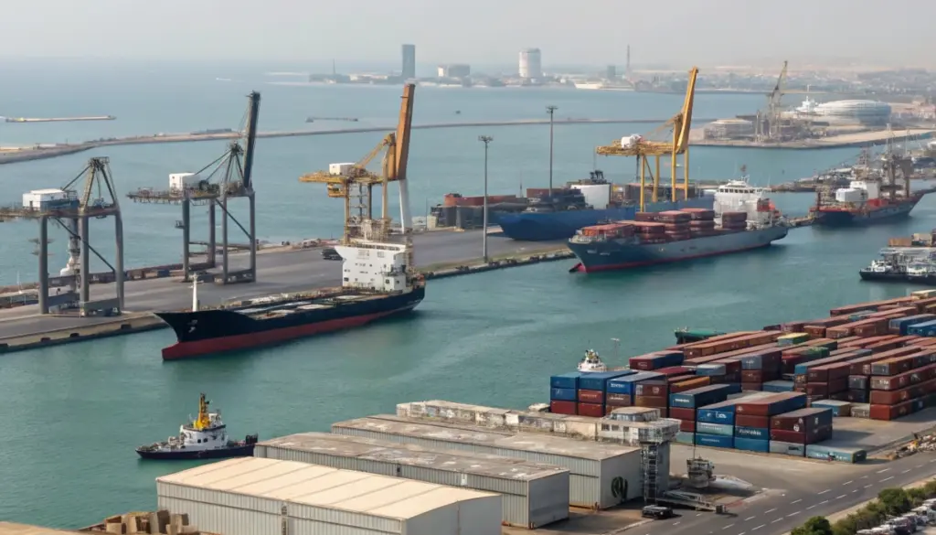 Busy port with container ships and cranes handling rerouted cargo, illustrating ports news impact of war-driven shipping rerouting and changing port hierarchies
