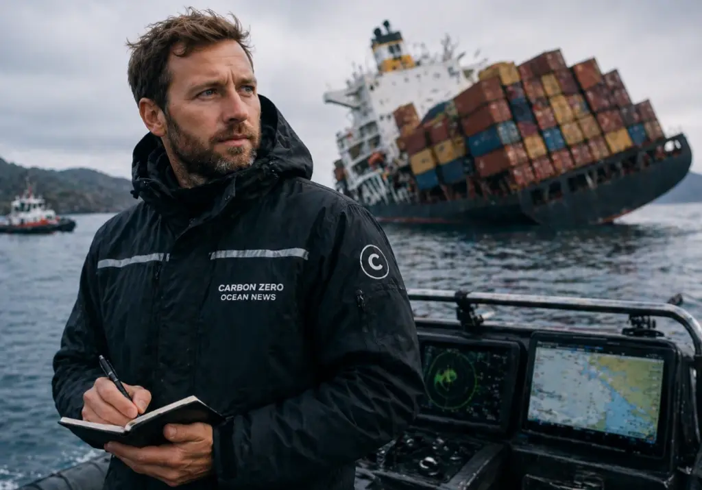 Carbon Zero ocean news platform covering maritime incidents with Erik Halvorsen documenting vessel failure at sea
