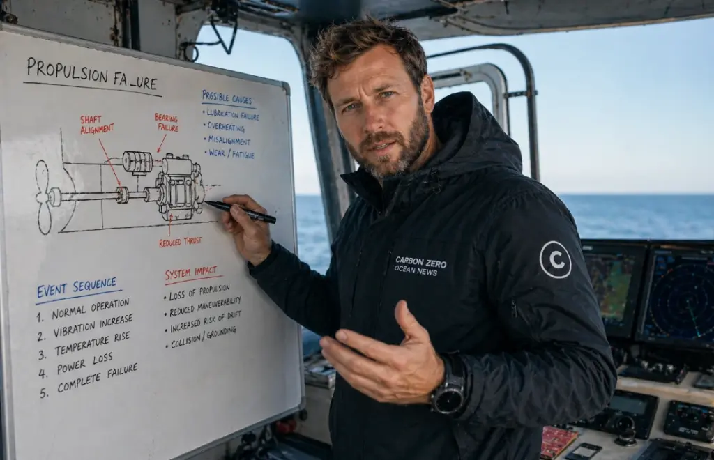 Carbon Zero ocean news platform explaining maritime system failures with Erik Halvorsen analyzing propulsion issues
