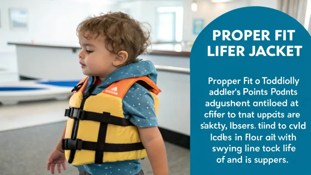 Toddler wearing a properly fitted toddler life jacket with secure straps, showing correct infant life vest fit that stays anchored on the torso
