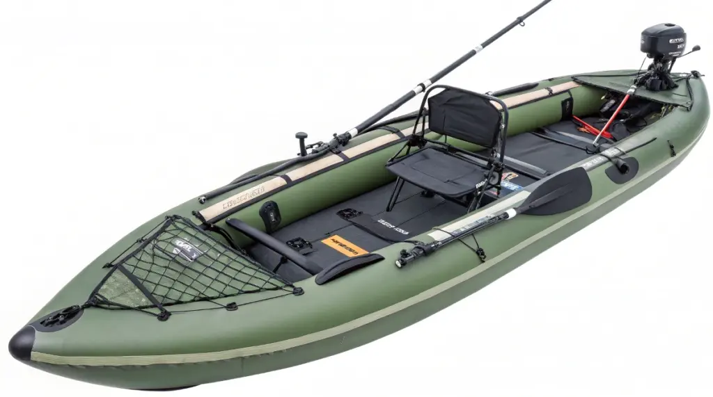 Inflatable fishing kayak with rod holders, motor mount, and gear setup, showing stability and fishing-specific design in inflatable kayaks
