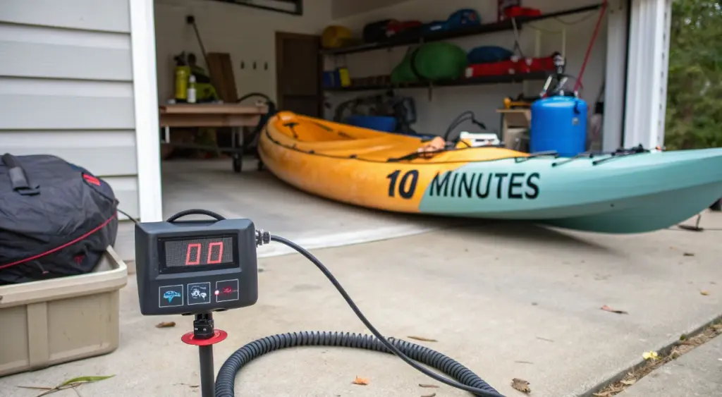 Inflating an inflatable kayak with an electric pump in a garage, showing setup time and practical use of inflatable kayaks
