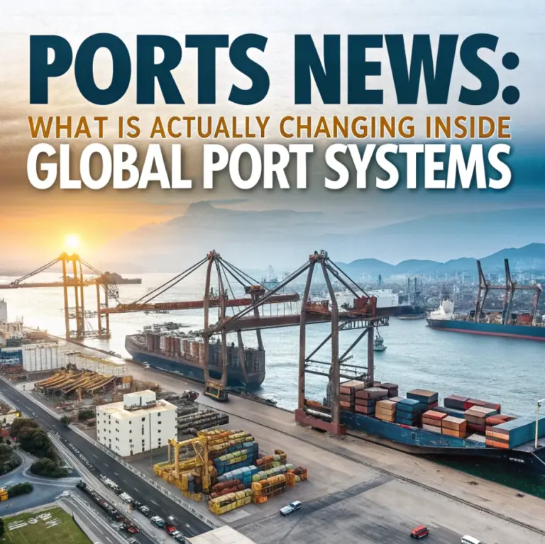 Large container port with cranes loading cargo ships at sunset, illustrating ports news and changes in global port systems and cargo flow