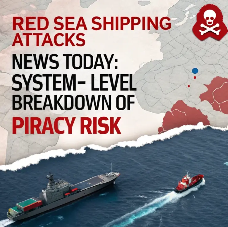 Map of Red Sea shipping attacks with naval vessel escorting cargo ship, illustrating piracy risk and system-level breakdown in Red Sea shipping attacks news today