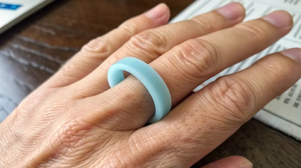 Hand wearing a silicone wedding band, showing comfort, flexibility, and real-world wearability of silicone wedding bands
