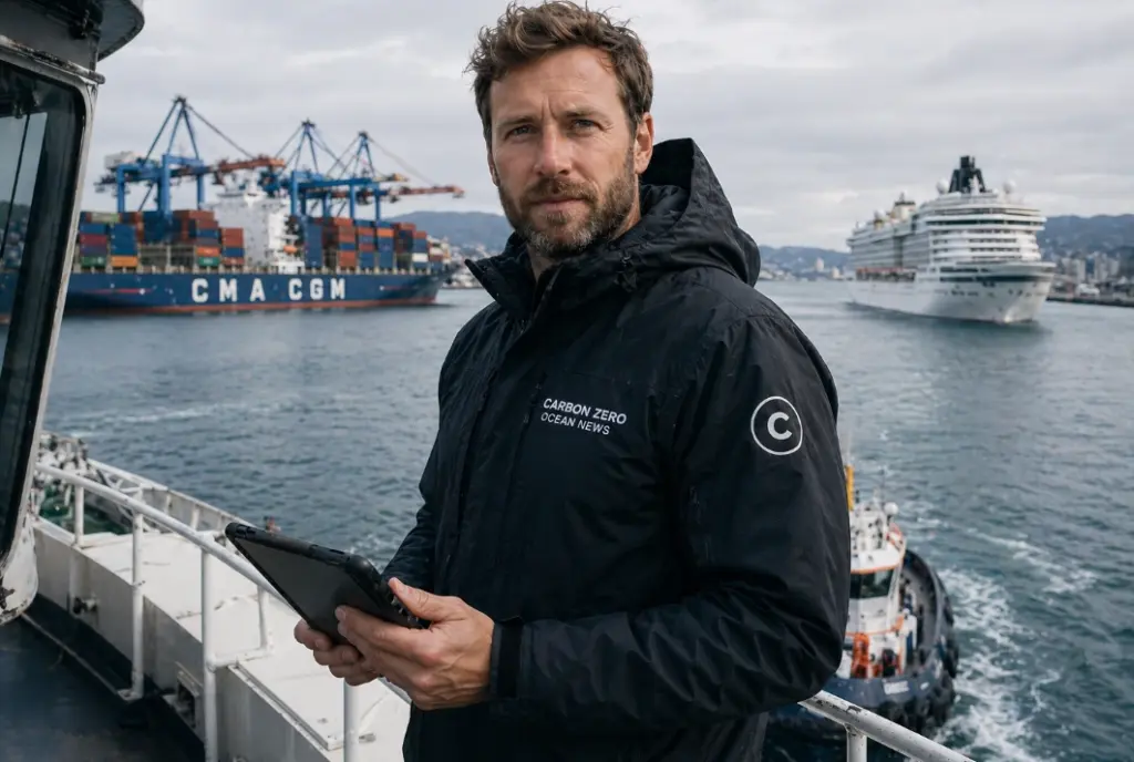 Carbon Zero ocean news platform analyzing shipping and cruise logistics with Erik Halvorsen monitoring port operations
