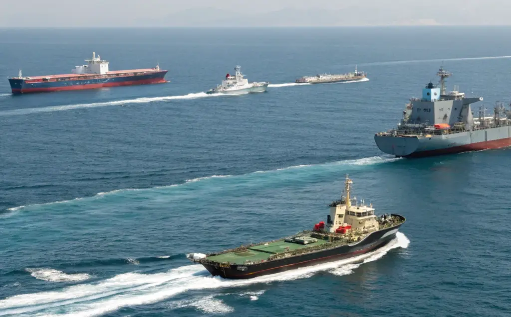 Multiple cargo ships and tankers moving in open sea with escort vessels, illustrating vessel vulnerability profiles in Red Sea shipping attacks news today and piracy risk exposure
