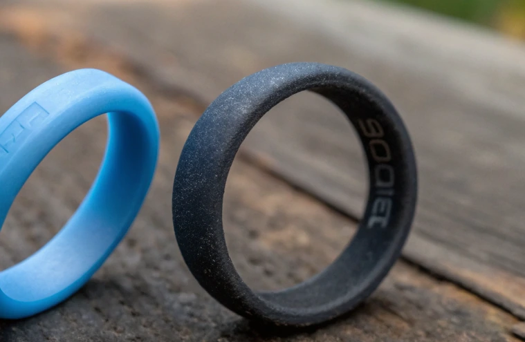 Different silicone wedding bands with varied textures and widths, illustrating structural design elements that affect silicone wedding bands performance
