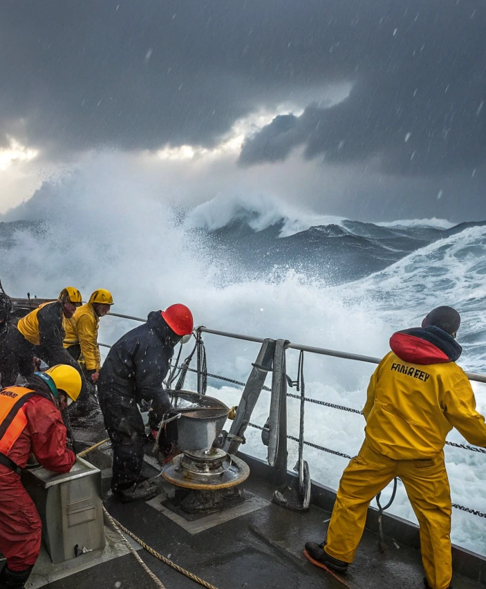 Crew working on deck in heavy storm conditions with large waves impacting vessel, illustrating human decisions and survival response in cargo ship incident analysis
