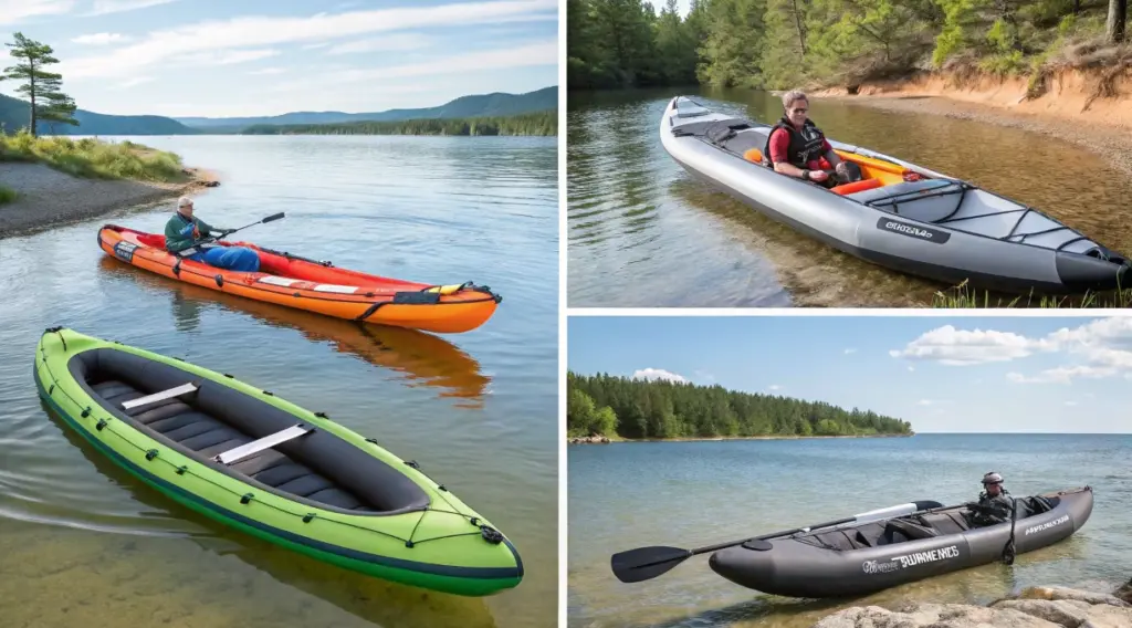 Different inflatable kayaks used on lakes and rivers in varied conditions, illustrating best inflatable kayaks performance and design differences in real-world use
