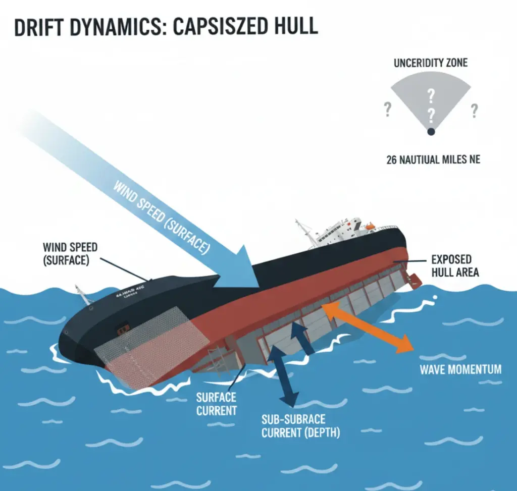 Diagram of capsized cargo ship drift dynamics showing wind force, surface and sub-surface currents, and exposed hull effects — cargo ship incident analysis of drift behavior and uncertainty zone
