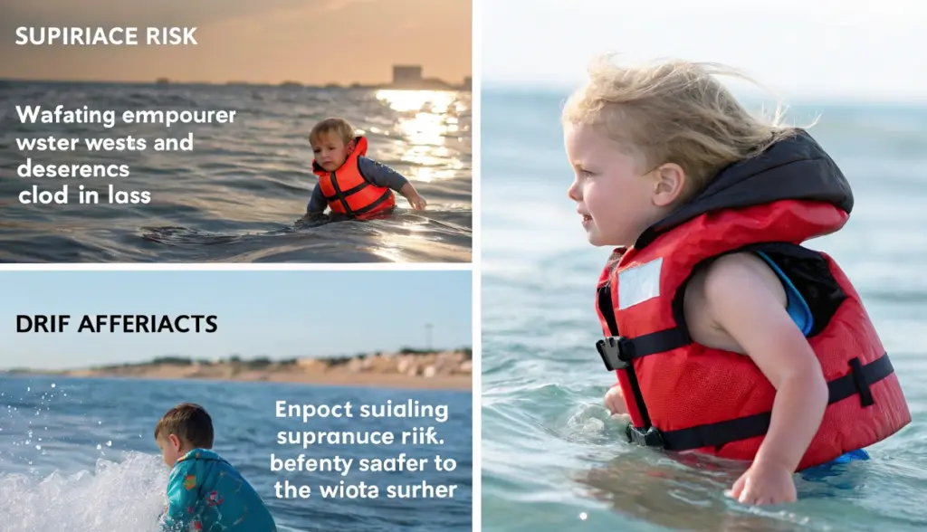 Toddler wearing a toddler life jacket in different water conditions, showing how environment affects infant life vest safety and performance

