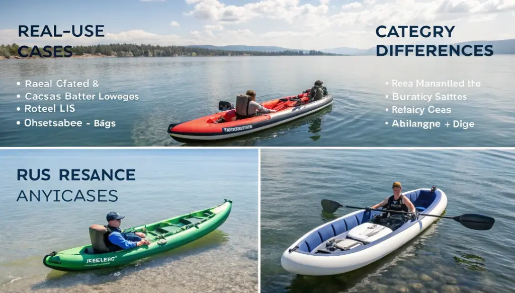 Different inflatable kayak types on calm water, showing real use cases and category differences in best inflatable kayaks
