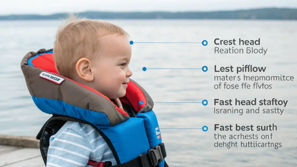 Toddler wearing an infant life jacket with head support, illustrating buoyancy distribution and face-up positioning in a toddler life jacket
