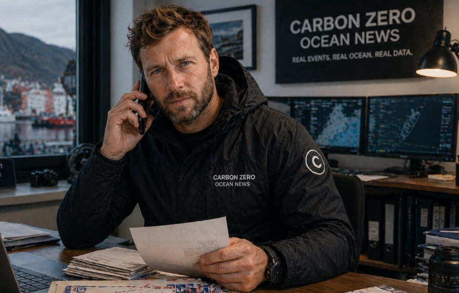 Carbon Zero ocean news platform contact page with Erik Halvorsen handling maritime reports and communications
