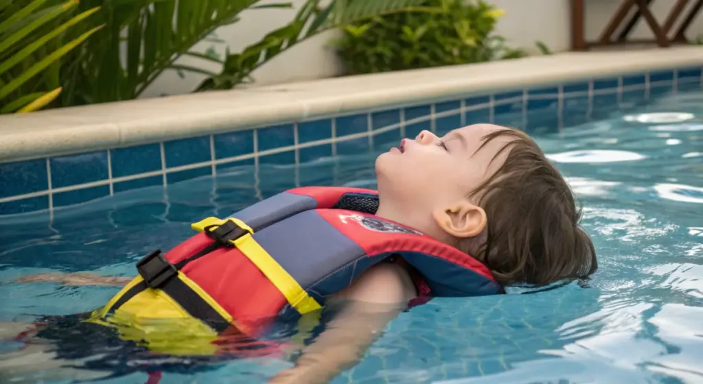 Toddler floating on their back in a toddler life jacket, demonstrating face-up buoyancy and proper infant life vest safety design
