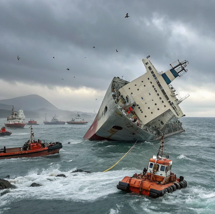 Capsized cargo ship during active recovery operation, tugboats stabilizing a listing vessel amid rough seas — cargo ship incident analysis scene showing structural failure and maritime response