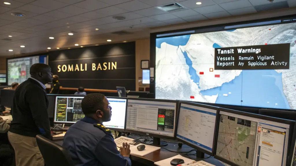 Maritime operations center monitoring Somali Basin map with transit warnings, illustrating threat level escalation in Red Sea shipping attacks news today and piracy risk alerts
