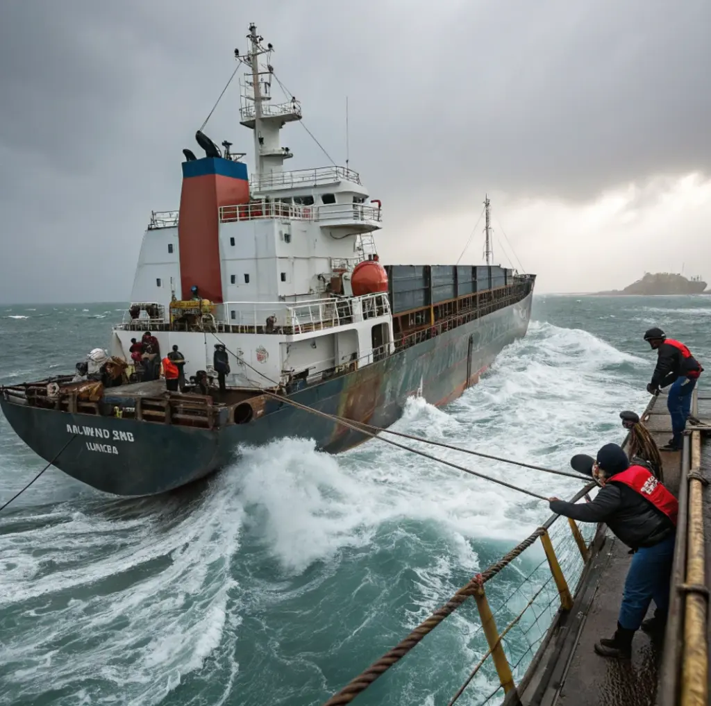 Cargo vessel under tow in rough seas with crew managing lines from dock, illustrating propulsion imbalance and drift during cargo ship incident analysis
