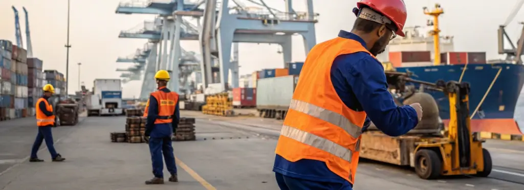 Port workers in safety gear operating equipment near container ships, illustrating labor structure impact on port operations and workforce dependency in ports news
