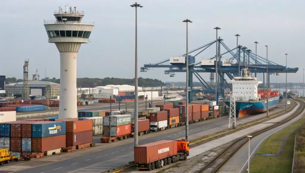 Container port with control tower, cranes, and cargo trucks, illustrating regional port competition and operational reliability in global ports news
