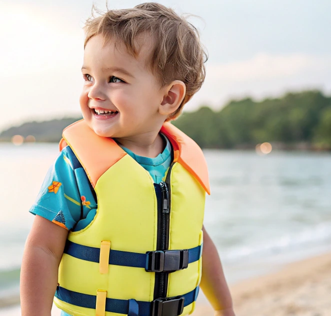 Smiling toddler wearing a bright toddler life jacket near the water, showing proper fit and safety of an infant life vest