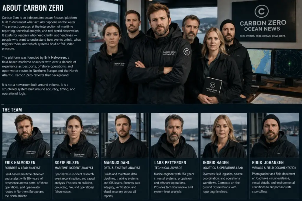 Carbon Zero ocean news platform team led by Erik Halvorsen delivering structured maritime reporting and operational analysis
