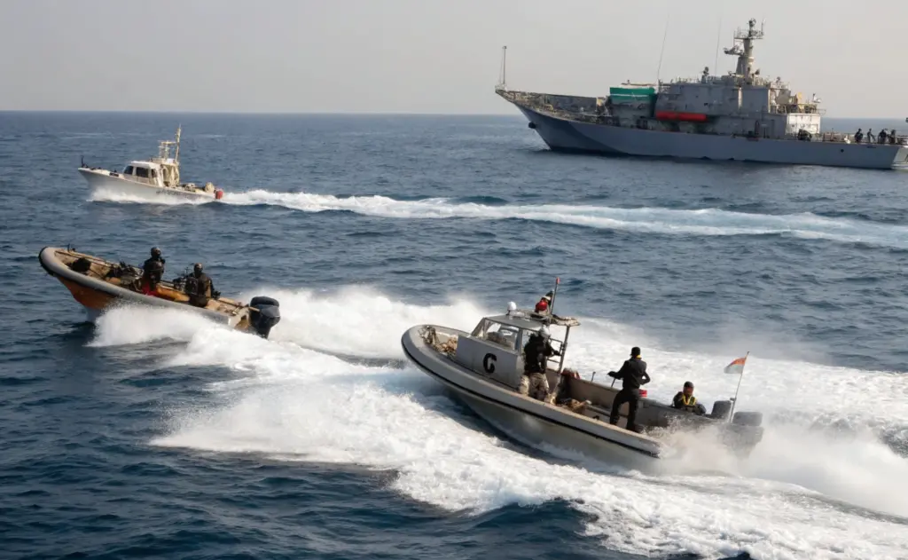 Fast attack boats approaching a commercial vessel at sea, illustrating hijacking mechanics and control phase in Red Sea shipping attacks news today and piracy risk operations
