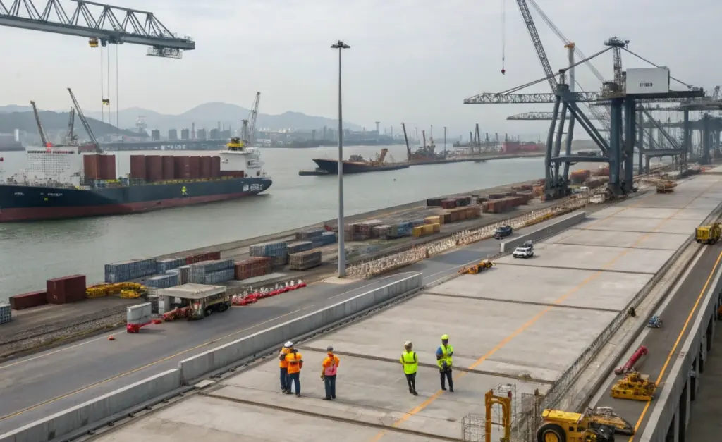Port construction site with cranes, workers, and container ships, illustrating selective port expansion strategy and targeted infrastructure investment in global ports
