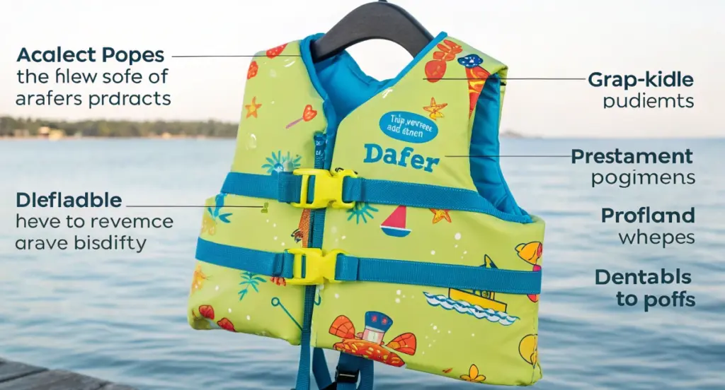 Colorful toddler life jacket with straps and grab handle, showing structural safety features of an infant life vest
