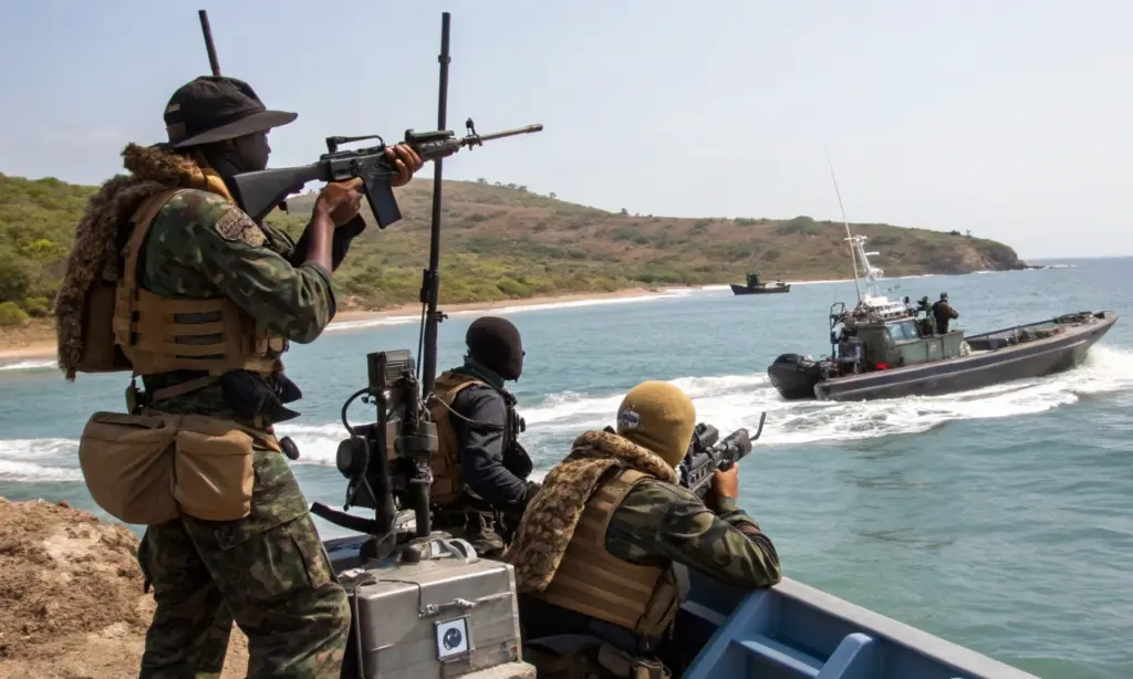 Armed pirate action groups approaching a vessel by speedboat near coastline, illustrating structure and capability in Red Sea shipping attacks and piracy risk operations
