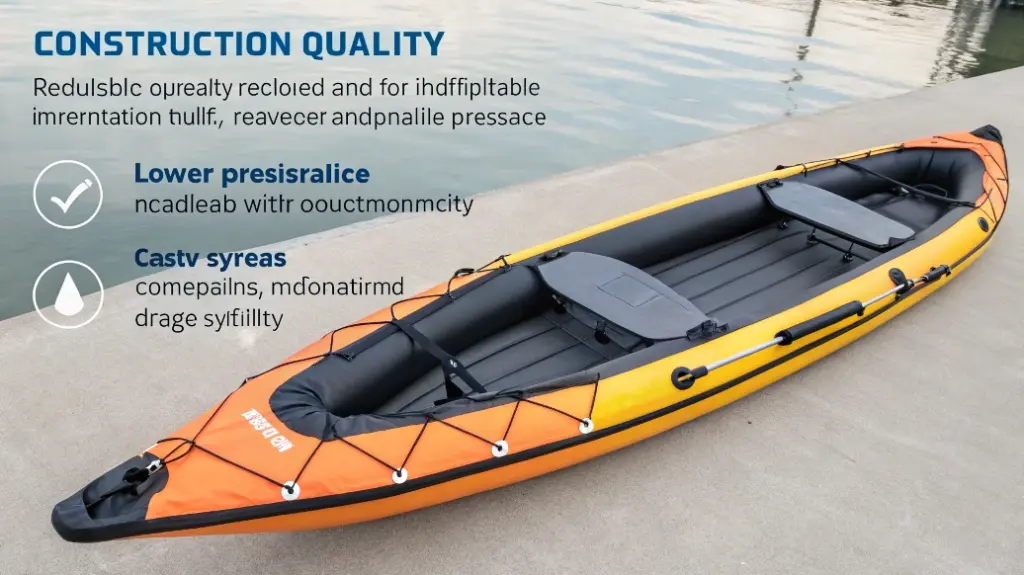 Inflatable kayak showing layered construction and reinforced hull design on shoreline, illustrating inflatable kayak performance and construction quality differences
