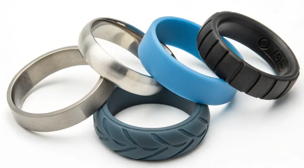 Set of silicone wedding bands alongside a metal ring, showing material differences and real-world use of silicone wedding bands
