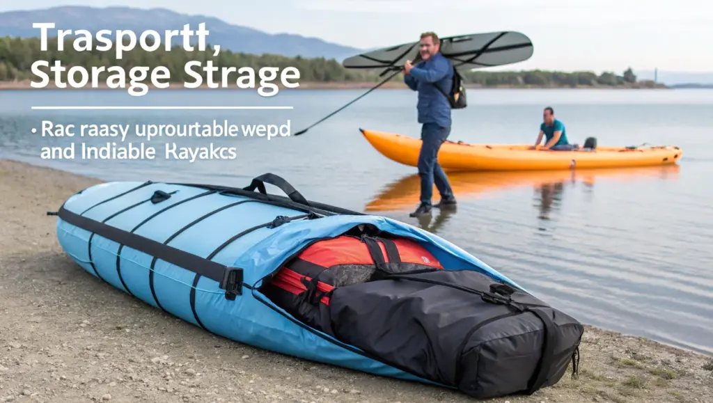 Packed inflatable kayak in a carry bag on the shore with paddlers preparing gear, showing transport and storage advantages of inflatable kayaks
