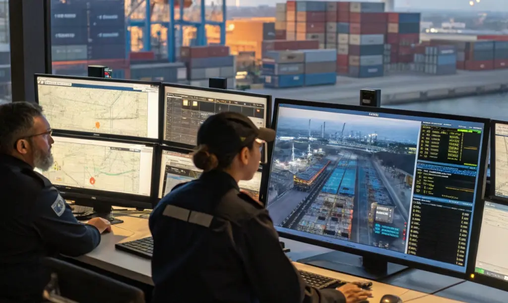 Port control room operators monitoring multiple screens with container terminal data, illustrating fragmented data visibility and coordination challenges in ports news

