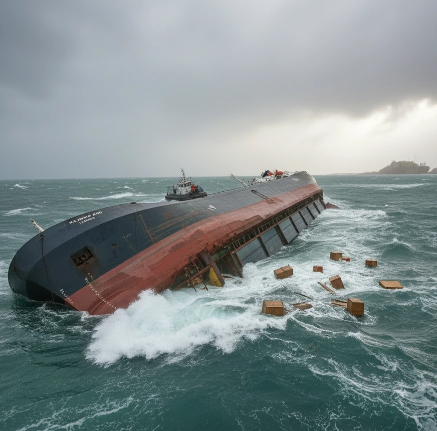 Capsized cargo ship partially submerged with containers drifting in rough seas, illustrating capsizing mechanics and loss of stability in cargo ship incident analysis
