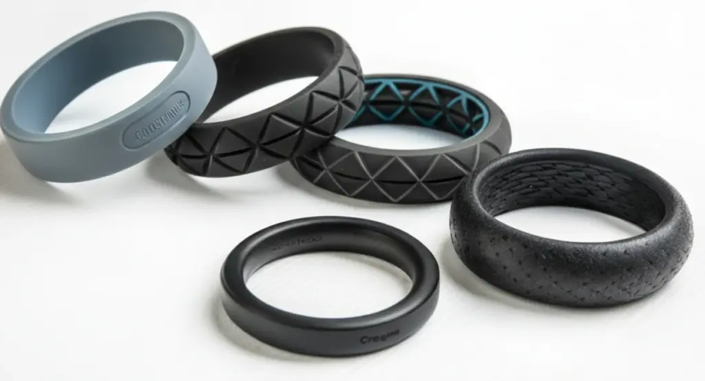 Multiple silicone wedding bands in different materials and textures, illustrating material composition and manufacturing variations in silicone wedding bands
