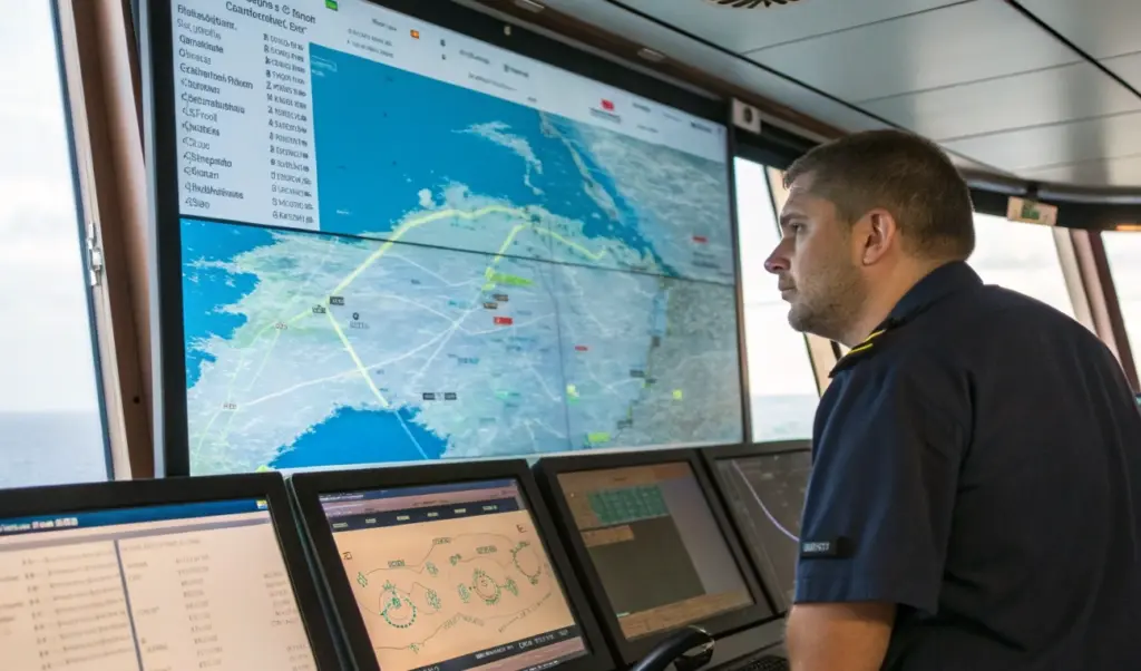 Ship operator analyzing route map on bridge navigation screens, illustrating decision-making under elevated risk in Red Sea shipping attacks news today and maritime route planning
