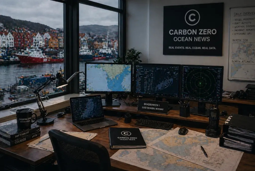 Carbon Zero ocean news platform office in Bergen with maritime monitoring systems and real-time shipping data
