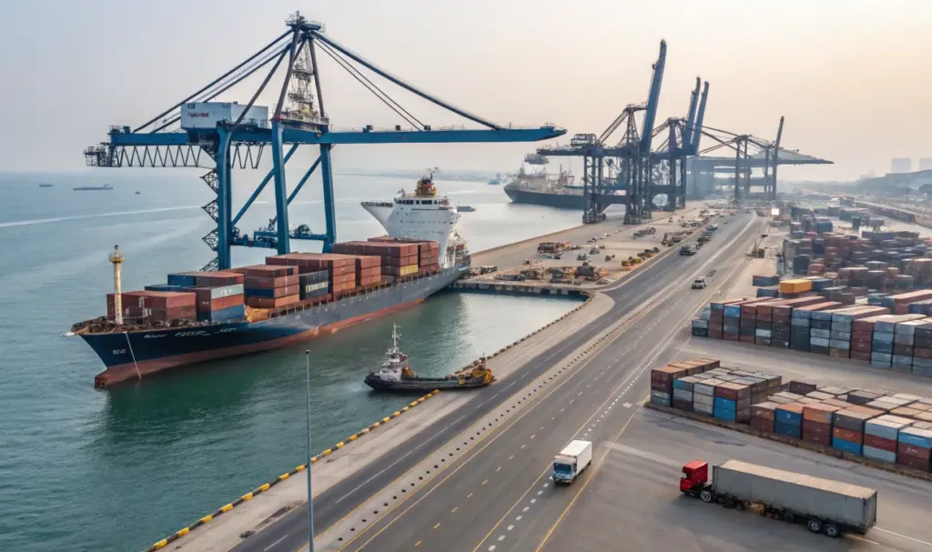 Container ship docking at a busy port terminal with cranes and cargo stacks, illustrating ports news trends and global port system congestion
