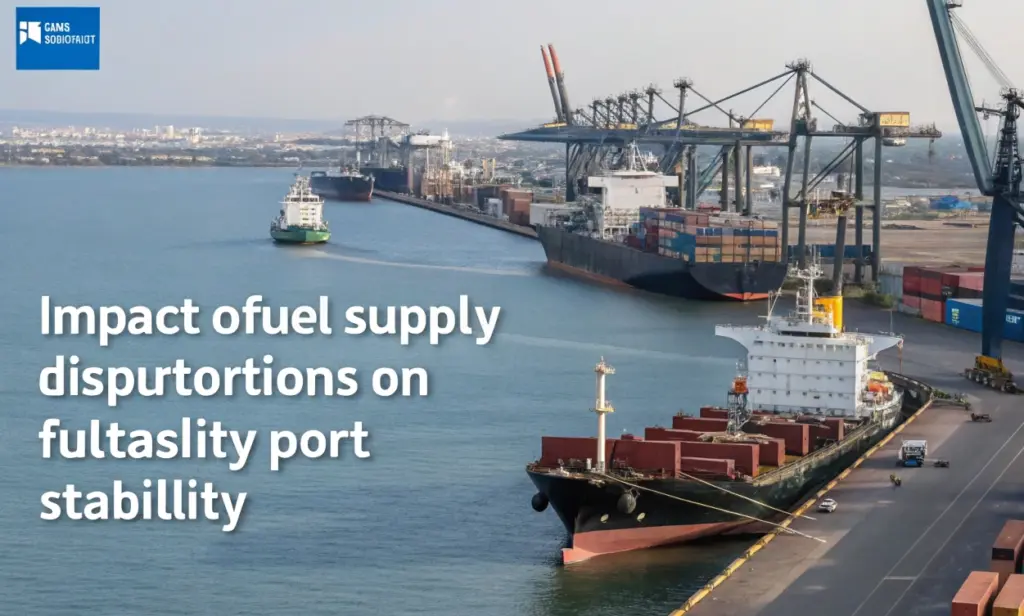 Container ships docked at port terminals with cranes, illustrating fuel supply disruptions affecting port stability and routing in ports news analysis

