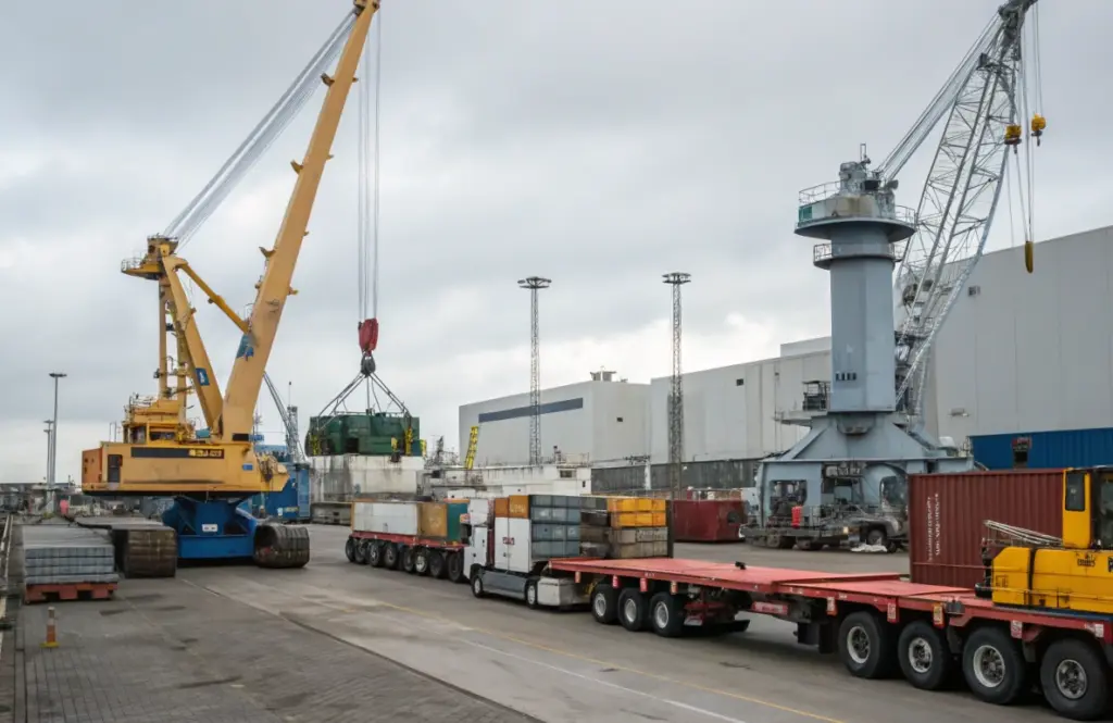 Heavy-lift cranes loading oversized equipment onto trucks at port, showing breakbulk cargo operations and project cargo expansion in ports news
